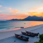 Lombok's scenic coastline features pristine beaches and towering volcanic mountains, attracting travelers seeking natural beauty and adventure.