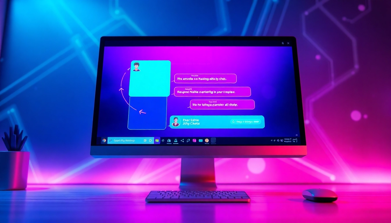 Futuristic AI chat interface with customizable characters and vibrant neon colors