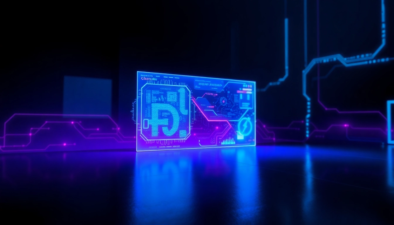 Futuristic AI interface hologram glowing in a dark, high-tech environment with vibrant neon colors.
