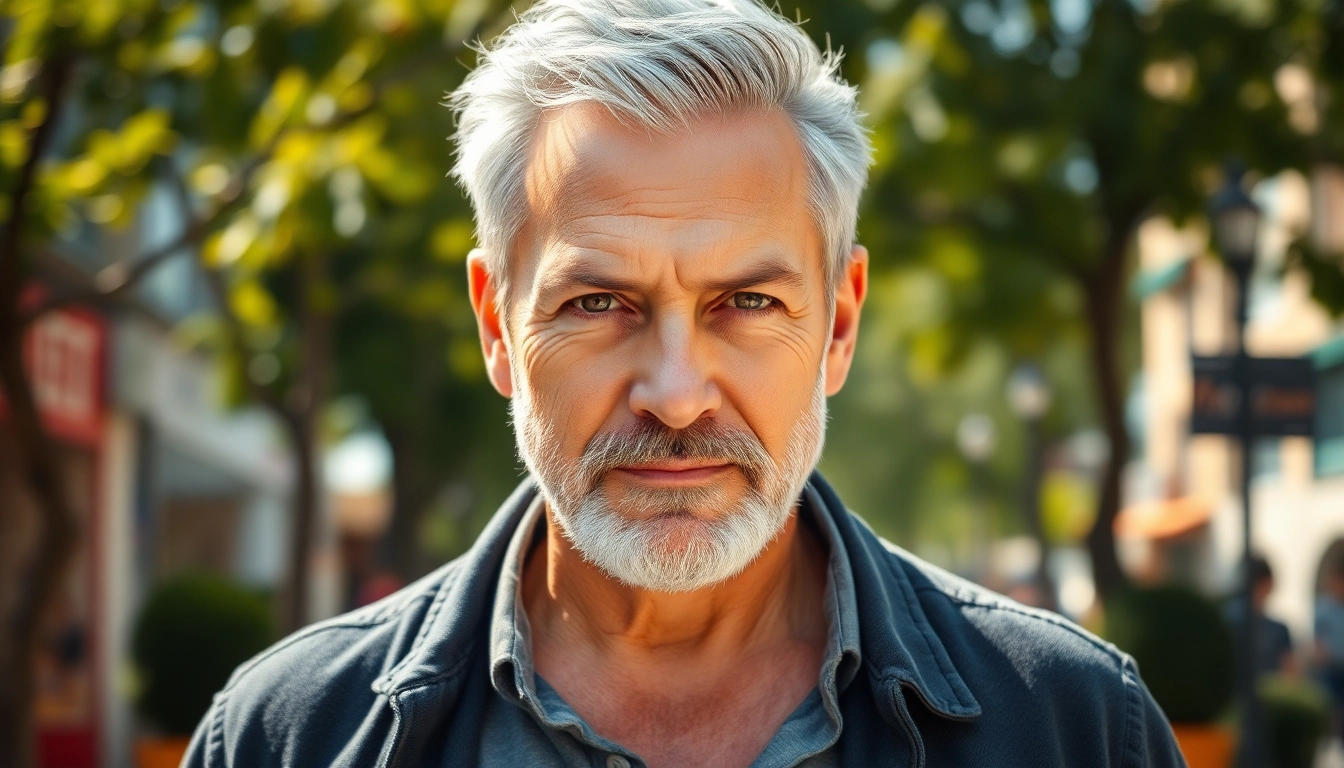 An attractive older man with gray hair and a beard, standing confidently outdoors in a sunny urban park setting.