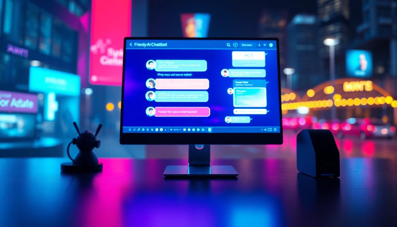 Futuristic AI chatbot interface on a modern computer screen with vibrant neon colors and digital textures.