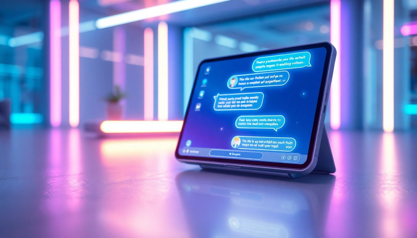 Futuristic AI chatbot interface on a sleek device with glowing conversation bubbles in a neon-lit environment.