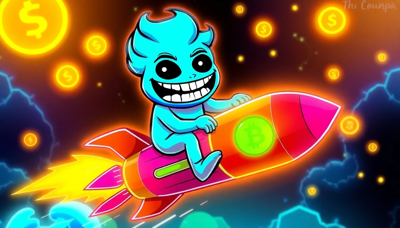 Solana Meme Coin gains momentum with Pepe character soaring in a vibrant blockchain themed