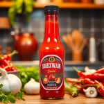 Schezwan Sauce in a glass jar with chili peppers and garlic on a vibrant kitchen counter,
