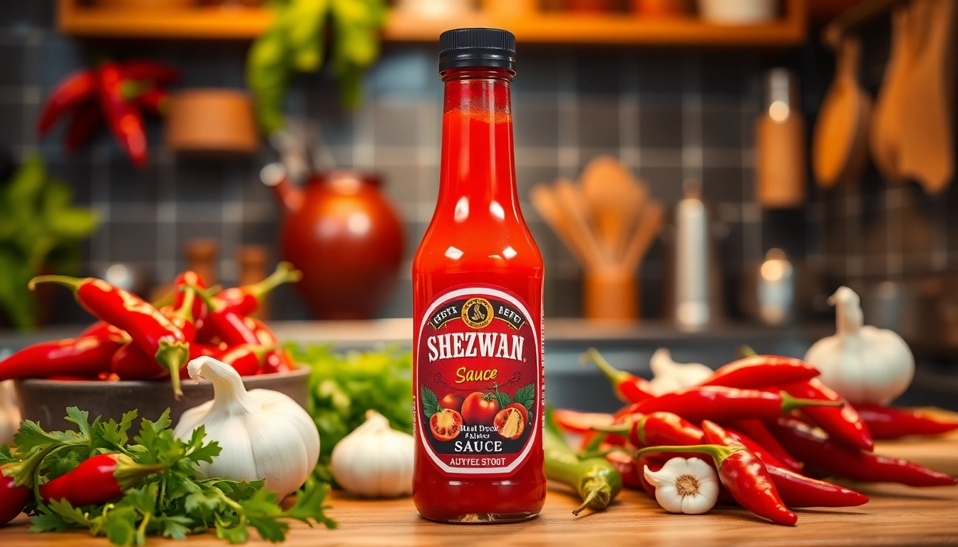 Schezwan Sauce in a glass jar with chili peppers and garlic on a vibrant kitchen counter,